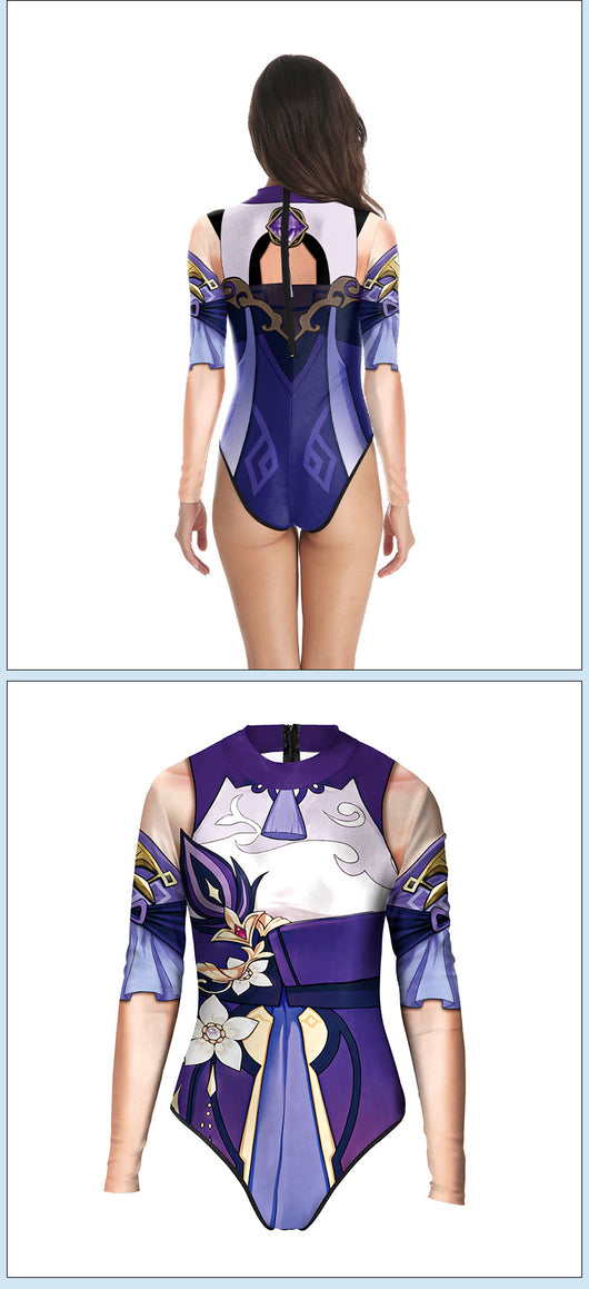 Women's long sleeve bodysuit with 3D digital iridescent mermaid scales print and sheer illusion neckline. - Image 9