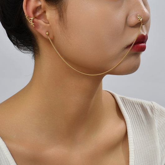 Conjunto de Joyas Danzantes Indias - Anillo Nasal, Aros y Cadena con Diseño de Hoja - Image 14