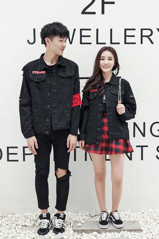 Chaqueta Denim Lavada con Agujeros para Parejas - Manga Larga Estilo Coreano - Image 4