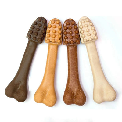 YaHo bone-shaped dog snacks in various brown and tan shades, some with dental nubs, in a black bowl. - Image 7