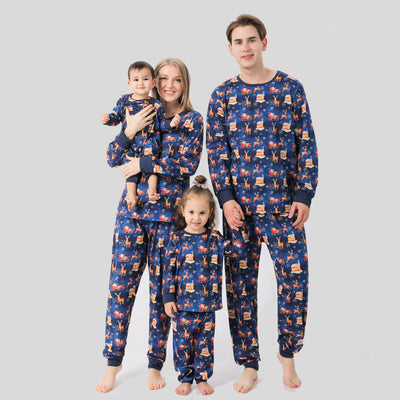 Family matching Christmas pajamas: black long-sleeve tops with white deer prints and red buffalo plaid pants. - Image 14