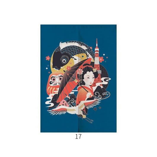 Japanese style noren door curtain with two red and blue Ukiyo-e koi fish on a cream wave pattern background. - Image 43