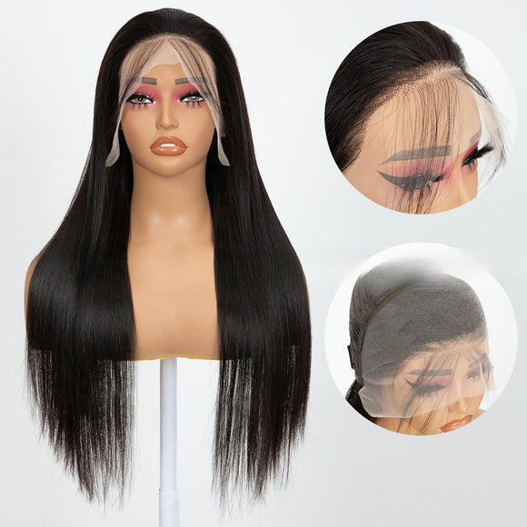 Peluca Frontal de Encaje Cabello Sintético Liso Largo Doble Trama