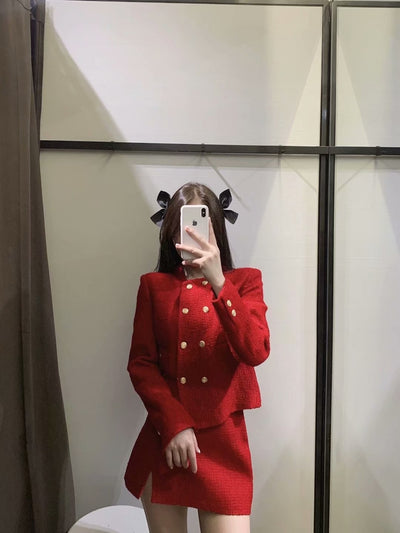 Blazer Corto de Lana Texturizada Doble Botonadura con Falda Plisada - Image 11