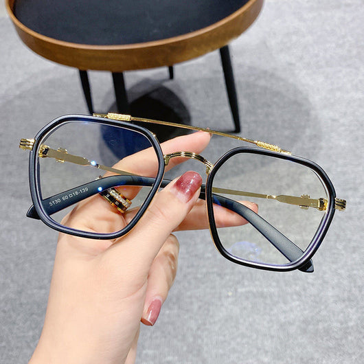 Black and gold double beam retro square frame anti-blue light glasses held by a hand. - Image 8