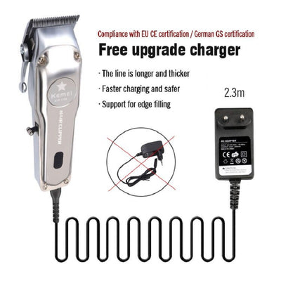 Silver rechargeable hair clipper with EU plug charger, cleaning brush, and four black guide combs on a white background. - Image 2