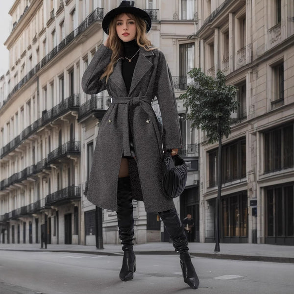 Abrigo Trench Largo con Cuello Polo y Cierre de Cordones Doble Botonadura