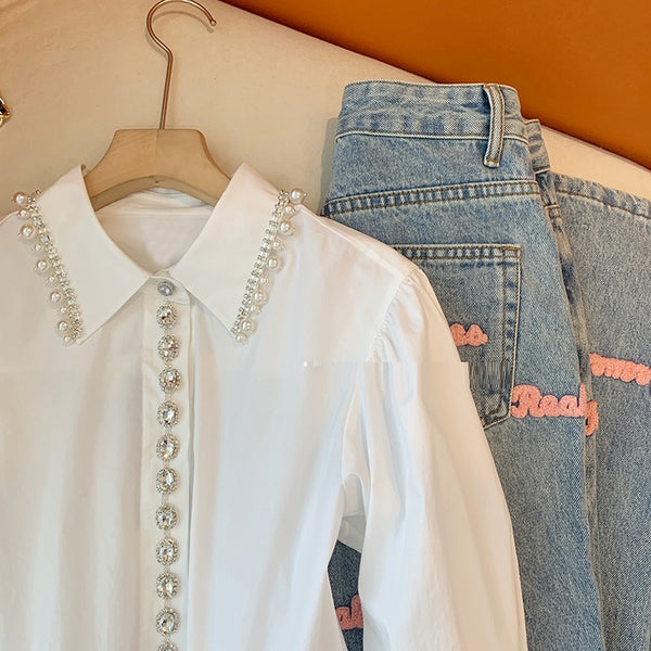 Camisa Manga Larga Estilo Clásico con Detalles de Cuentas para Mujer