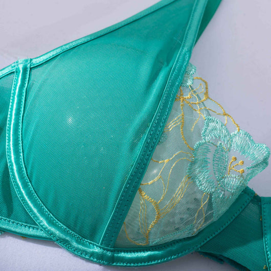 Teal women's fashion bra set with floral embroidery, including an underwire bra, thong, and garter belt. - Image 8