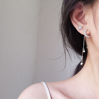 Aretes Asimétricos de Plata Esterlina con Luna, Estrella y Borla para Niña - Image 3