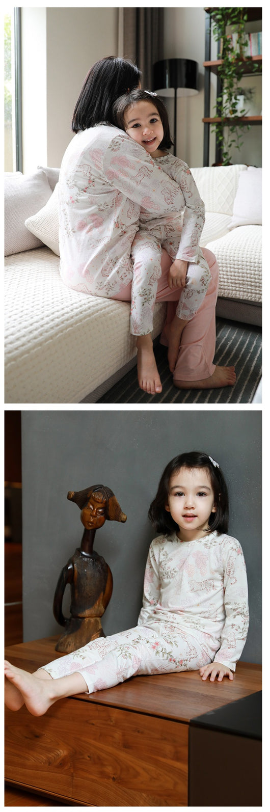 Bamboo cotton knitted parent-child pajama set with a pumpkin print long-sleeve top and solid light blue-grey pants. - Image 44