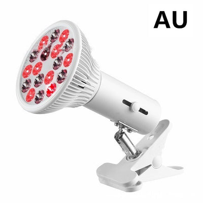 White LED physiotherapy lamp with red and infrared lights, featuring an adjustable head and a sturdy clip-on base for EU use. - Image 6