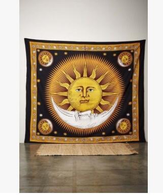 Black tapestry with a large central golden sun and white crescent moon, surrounded by celestial motifs and a decorative border. - Image 2