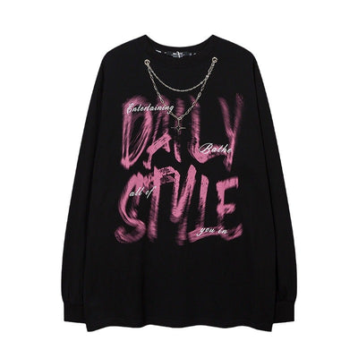 Playera Manga Larga Hip Hop con Letras Fuzzy y Cadena para Hombre - Image 5