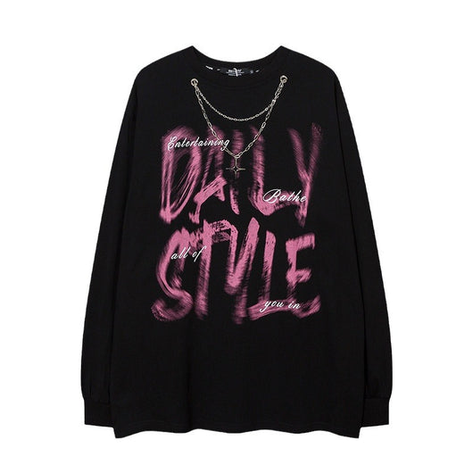 Playera Manga Larga Hip Hop con Letras Fuzzy y Cadena para Hombre - Image 5