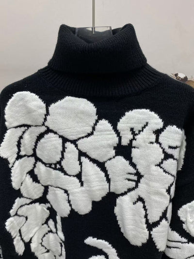 Suéter Retro de Punto Holgado con Cuello Alto y Flores Tridimensionales - Image 11