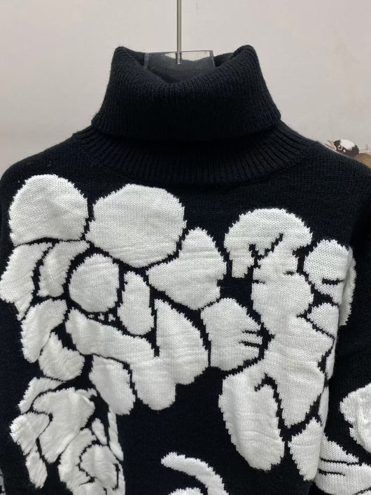 Suéter Retro de Punto Holgado con Cuello Alto y Flores Tridimensionales - Image 11