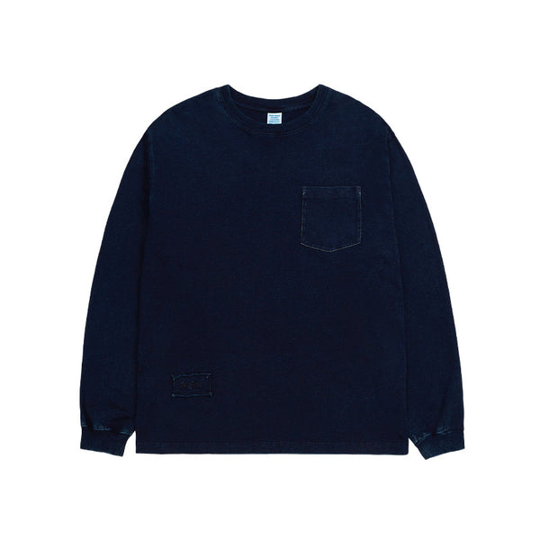 Playera Denim Azul Teñida Manga Larga con Bolsillo Decorativo para Hombre