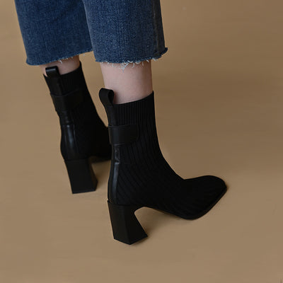 Botas Tejidas de Punta Cuadrada con Tacón Robusto y Caña Elástica - Image 10