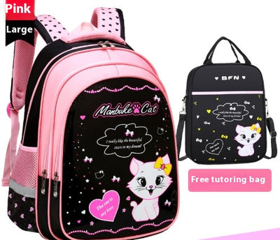 Kids black and pink backpack with a cute white cat print, paired with a matching lunch bag. - Image 16