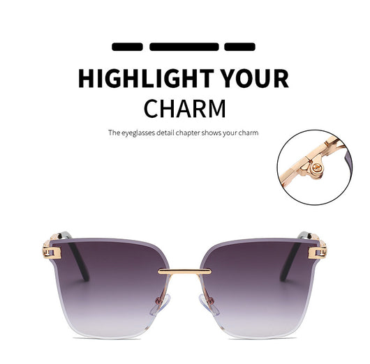 Frameless oversized square sunglasses with brown gradient lenses and gold-tone metal temples, featuring decorative black studs. - Image 23