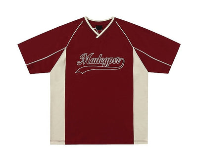 Men's khaki and red color contrast patchwork t-shirt with short raglan sleeves and a V-neck. - Image 9