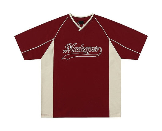 Men's khaki and red color contrast patchwork t-shirt with short raglan sleeves and a V-neck. - Image 9