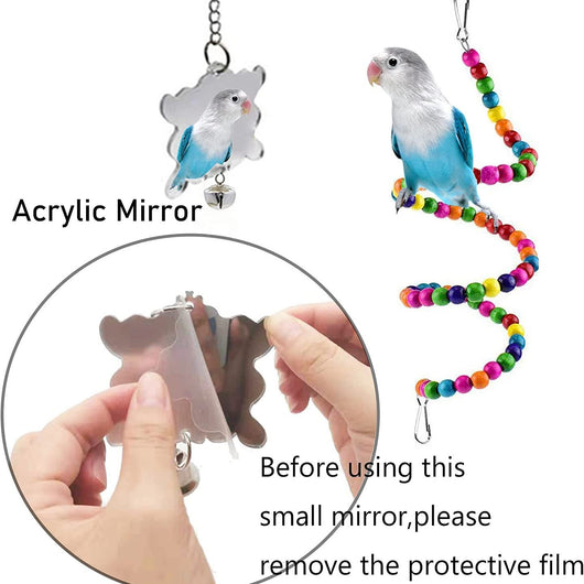 7-piece set of colorful wooden parrot toys with bells, including swings, perches, and chew toys for bird cages. - Image 3