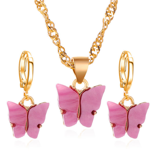 Pink acrylic butterfly necklace and earring set with gold-colored chain and hoop earrings. - Image 6