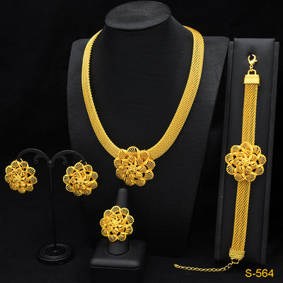 Gold-colored four-piece jewelry set with mesh texture: necklace, drop earrings, bracelet, and ring, all with knot design. - Image 8