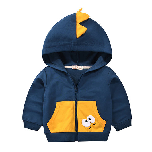 Navy blue children's hooded jacket with orange dinosaur spikes on the hood and googly eyes on the front pocket. - Image 4