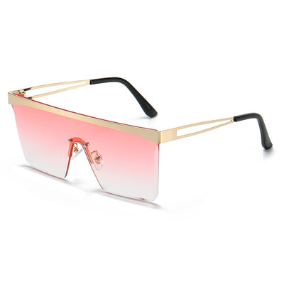 Gold frame square sunglasses with a one-piece gradient blue lens and black temple tips. - Image 7