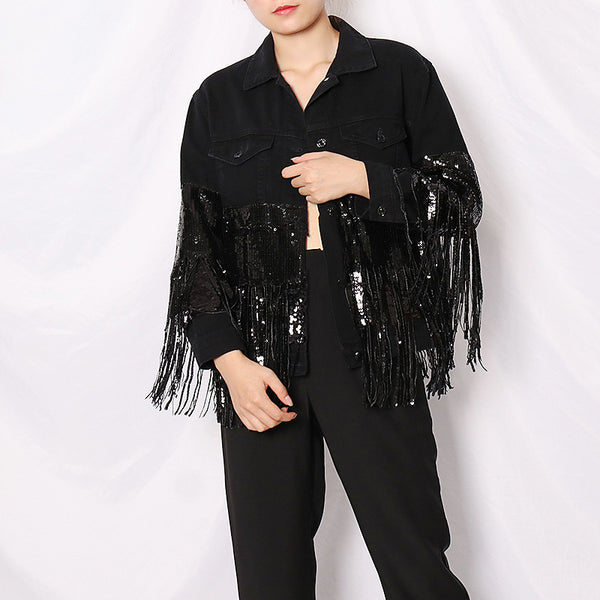 Chaqueta Denim Oversize con Lentejuelas, Bolsillos y Detalles Rotos