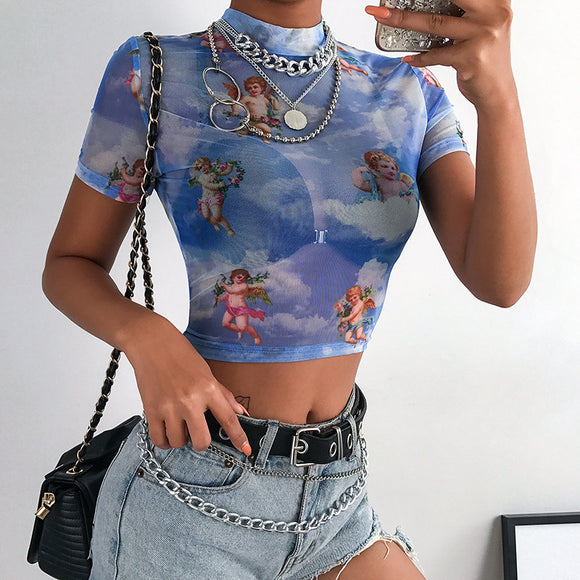 Playera Estampada Manga Corta Mujer con Tul - Colección Nueva Temporada