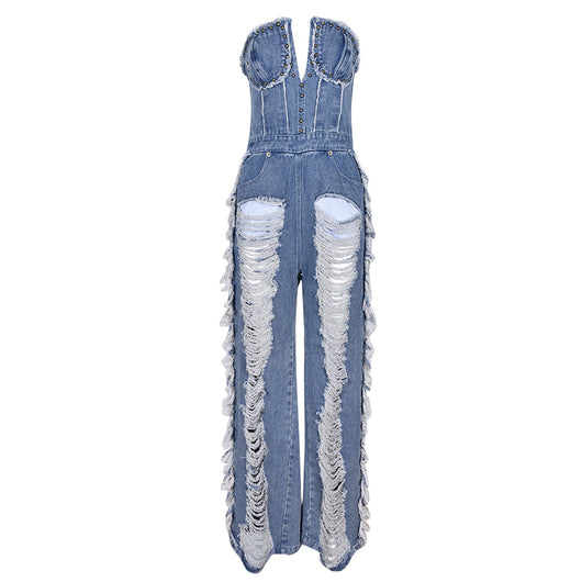 Mono Denim Ajustado con Detalles de Pedrería y Ojales Decorativos - Image 19