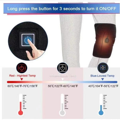 Black electric heating kneecap cover with hot compress massage, shown on a leg with a hand pressing the power button, indicating heat. - Image 3