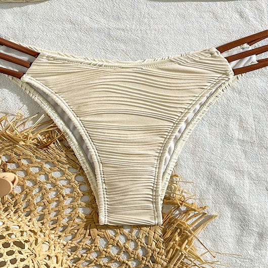 Neon green textured two-piece swimsuit with a bandeau top and high-cut bottom, featuring black straps and a gold clasp. - Image 4