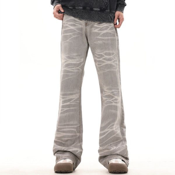 Jeans Rectos Desgastados a Mano Gris Mud con Rayas Retro