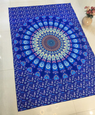 Large blue mandala hanging cloth with a detailed circular pattern and floral borders, made of chemical fiber. - Image 7