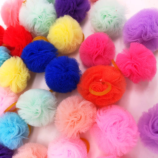 Colorful mesh ball rubber band hair ties in various shades like red, yellow, purple, pink, and blue.