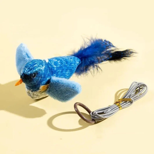Plush bird cat toy with orange chest, grey body, feathered tail, and an elastic string for interactive play. - Image 9