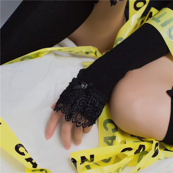 Guantes de Punto sin Dedos y Mangas Falsas de Encaje