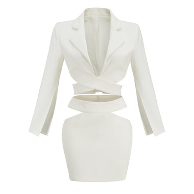 Conjunto de Dos Piezas: Blazer Blanco Manga Larga Escote V + Falda Corta - Image 10