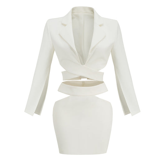 Conjunto de Dos Piezas: Blazer Blanco Manga Larga Escote V + Falda Corta - Image 10