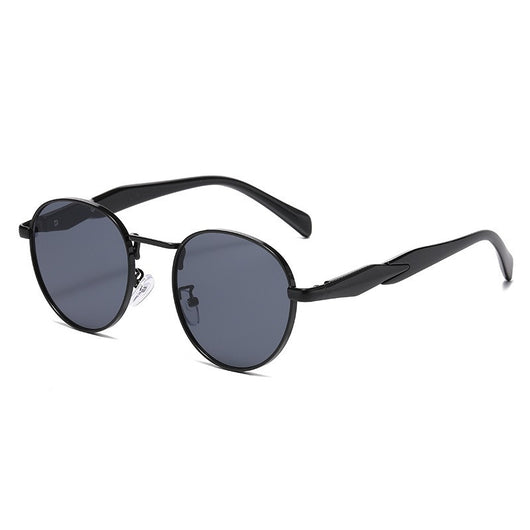 Silver metal round frame sunglasses with dark grey lenses and black temples, offering UV protection for women. - Image 8