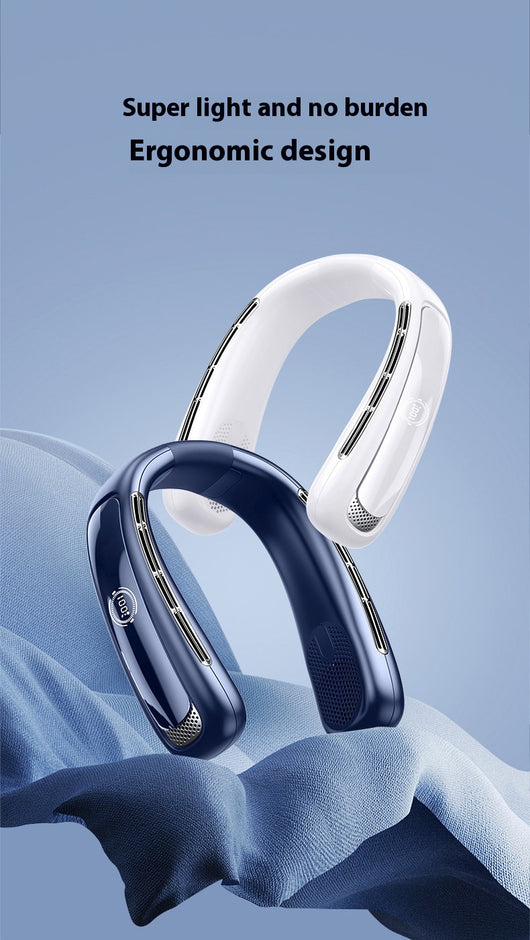 Light blue U-shaped neck fan with a digital display showing 100% charge and multiple air vents. - Image 26