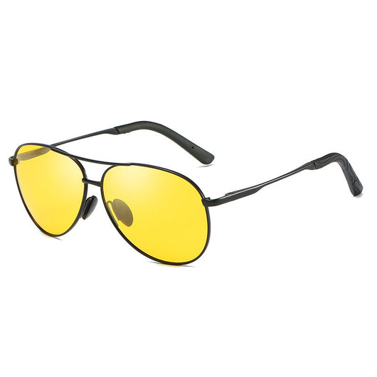Black frame aviator sunglasses with yellow polarized lenses for day and night vision.