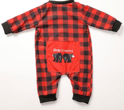 Red and black buffalo plaid baby romper with long sleeves, snap front closure, and black ribbed cuffs and collar. - Image 10
