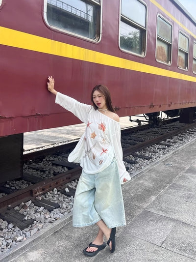 Blusa de Protección Solar con Cuello Ancho y Hombros Descubiertos - Manga Larga para Mujer - Image 13
