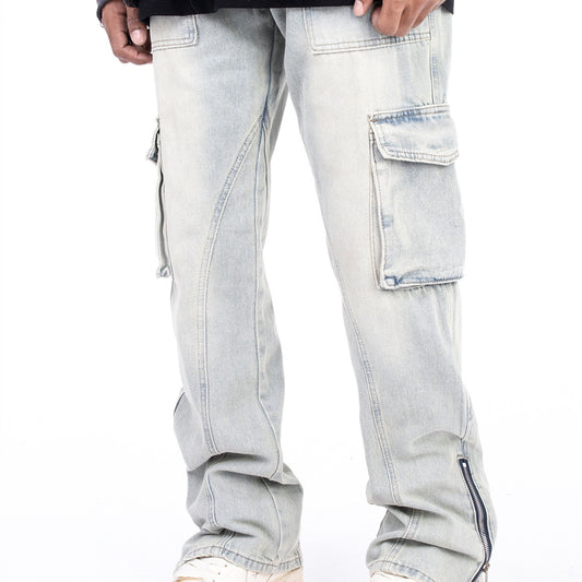Pantalones Vaqueros Vintage Lavados con Cierre en Bota - Estilo Americano Casual